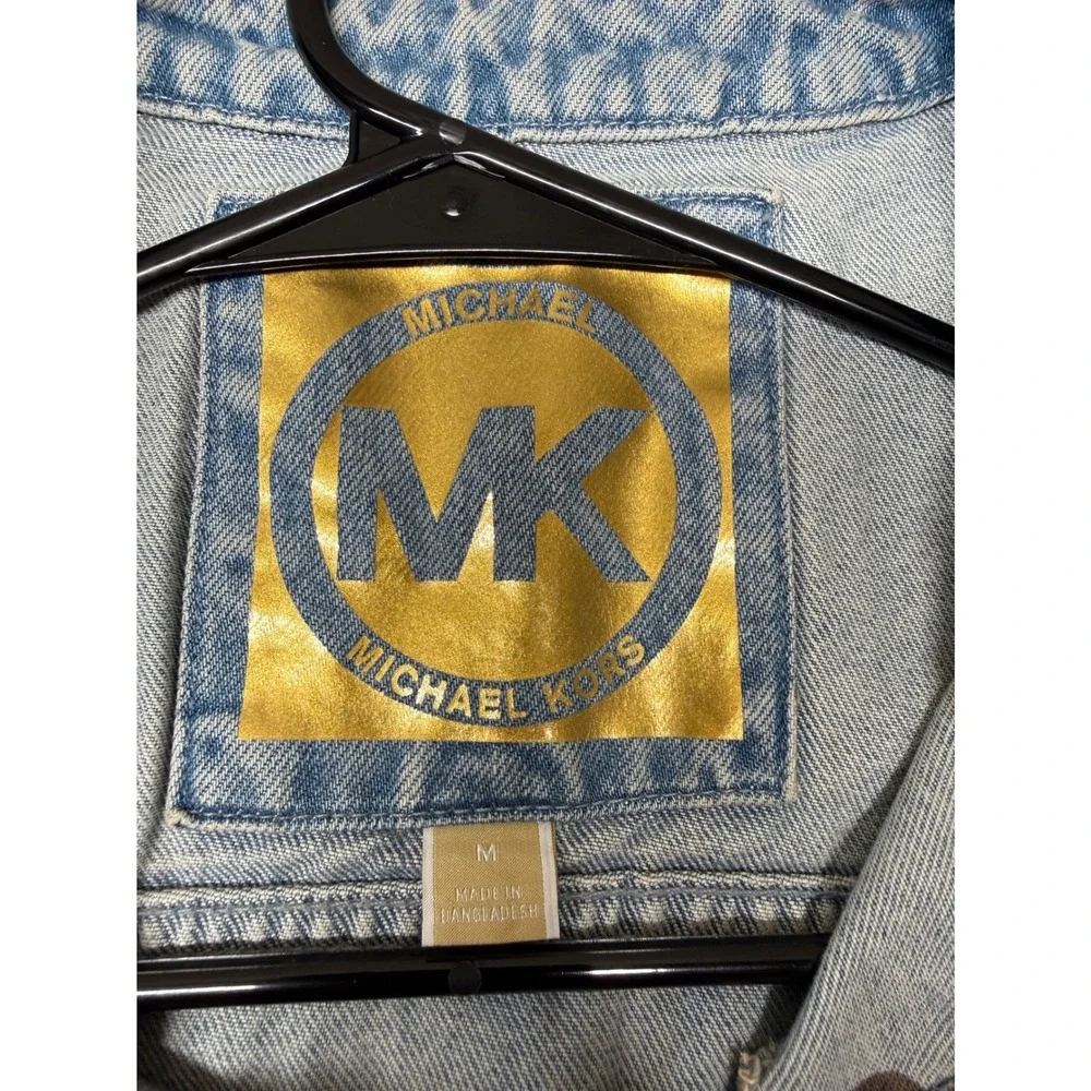 Michael Kors Women's Light Wash Cropped Denim Jacket Zip Up Collarless Blue Med